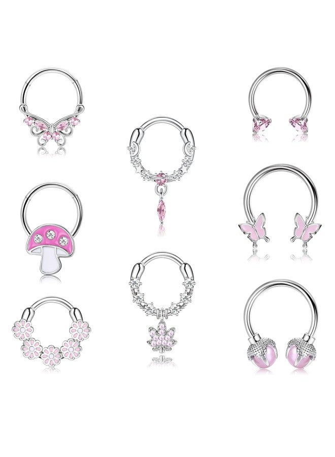 Drperfect 8Pcs Nose Rings Hoops for Women, 316L Surgical Steel Septum Clicker Rings Hinged CZ Silver Nose Ring Hoop 16G Eyebrow Lip Cartilage Tragus Rook Helix Conch Daith Piercing Jewelry 8mm Pink - Image 1